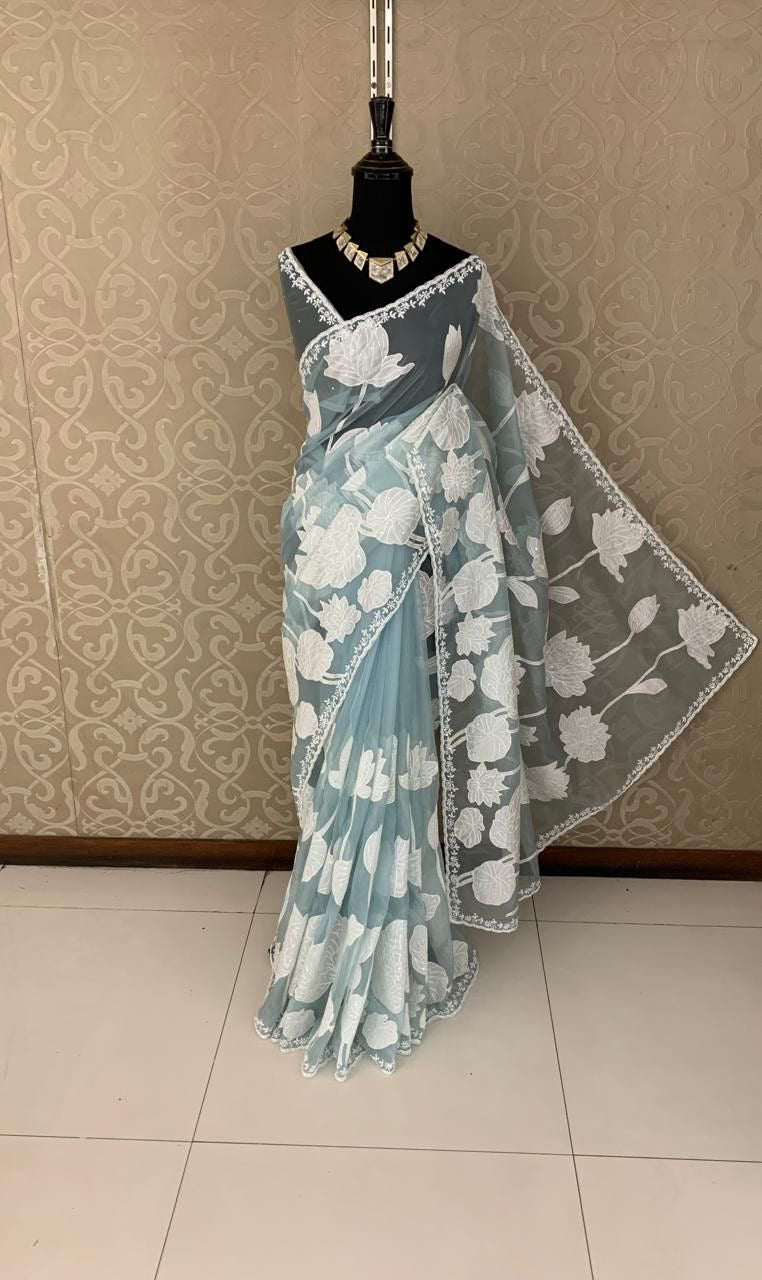 Arlie organza saree applique work saree Partywear sarees - Saffronfashionindia