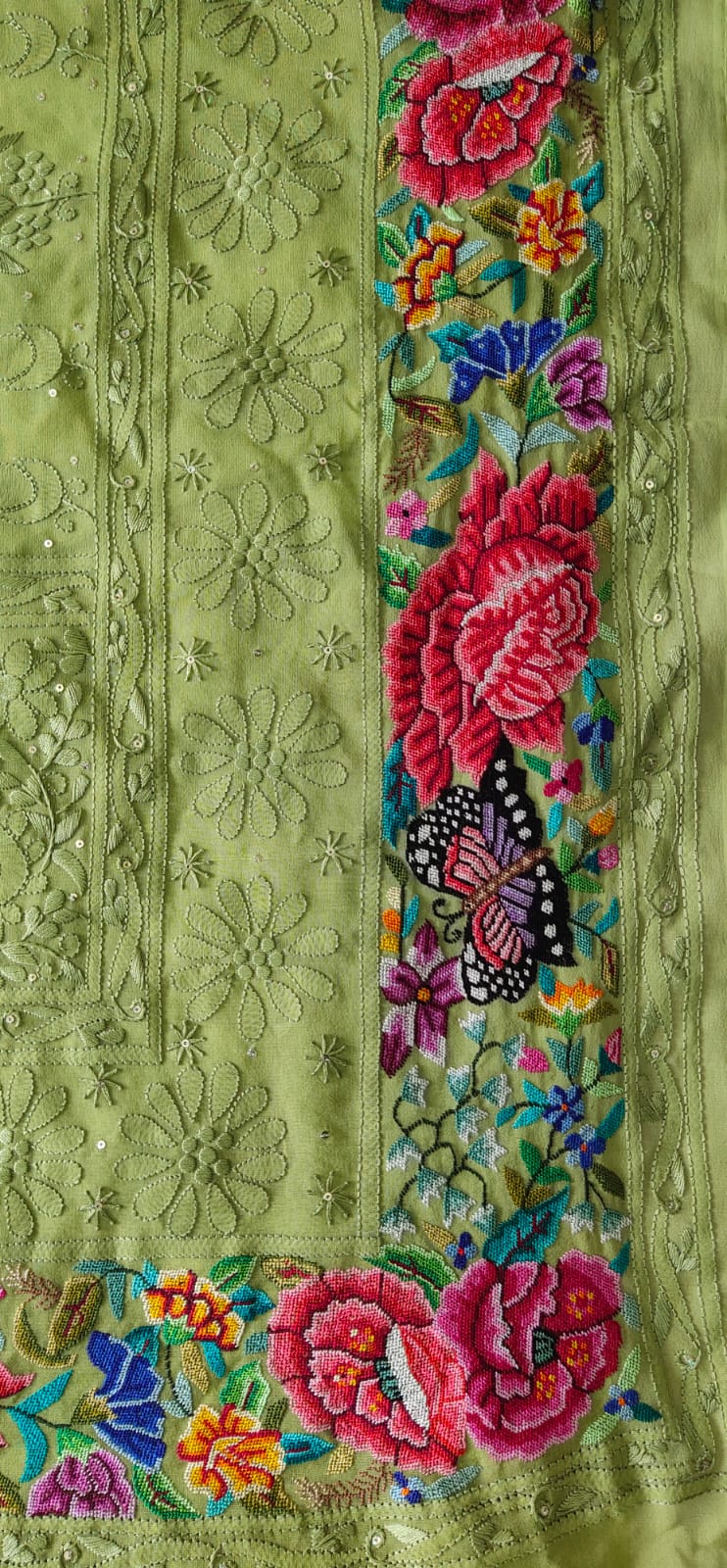 Laboni Green Gorgette Parsi Gara Saree - Saffronfashionindia