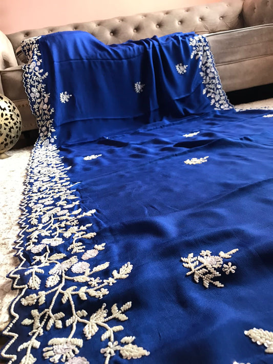 Pearl Elegabt Blue Gorgette women Saree - Saffronfashionindia
