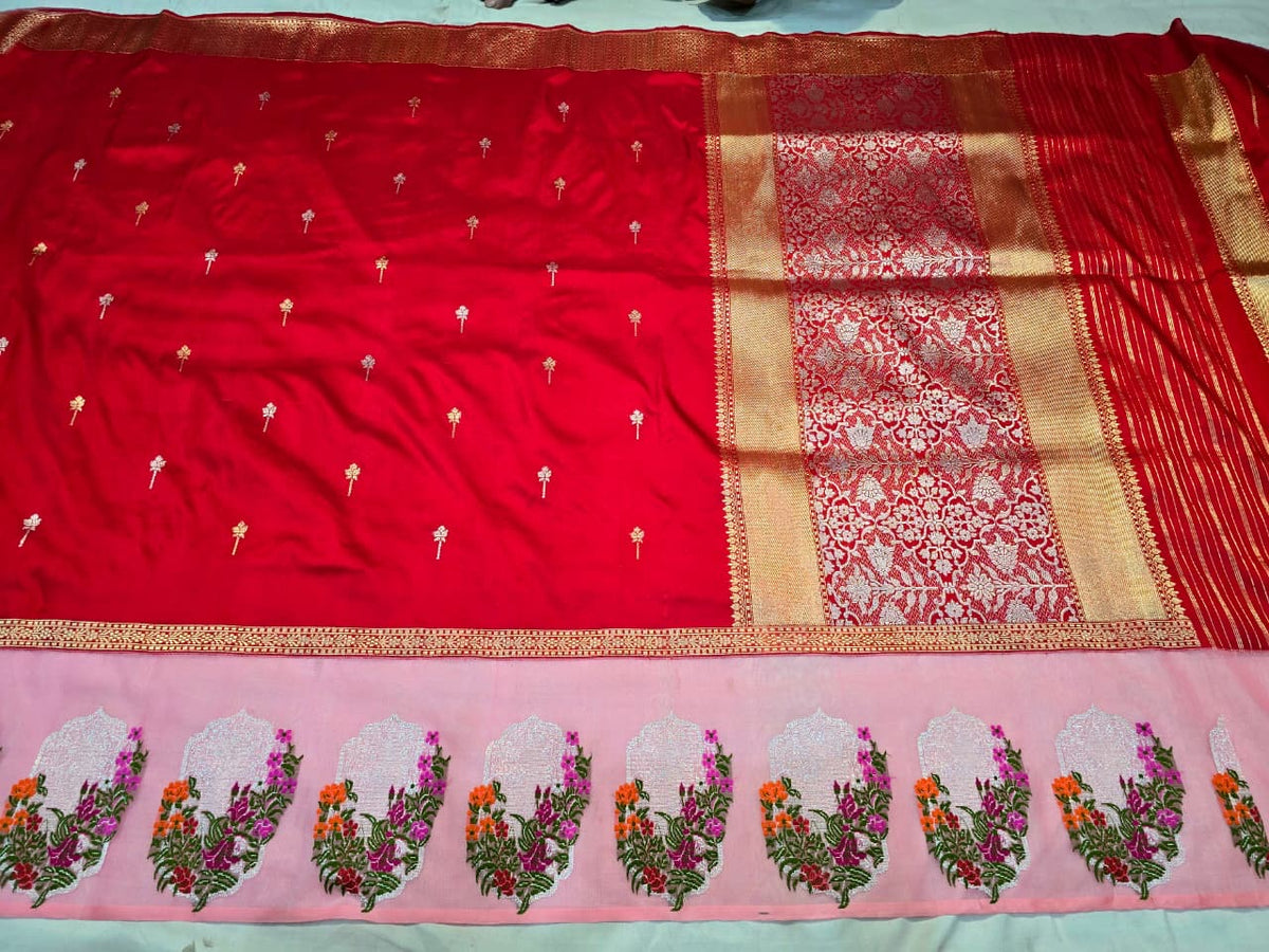 Red iktara jamdani saree Banarsi sarees Indian sari blouse Saffronfashionindia