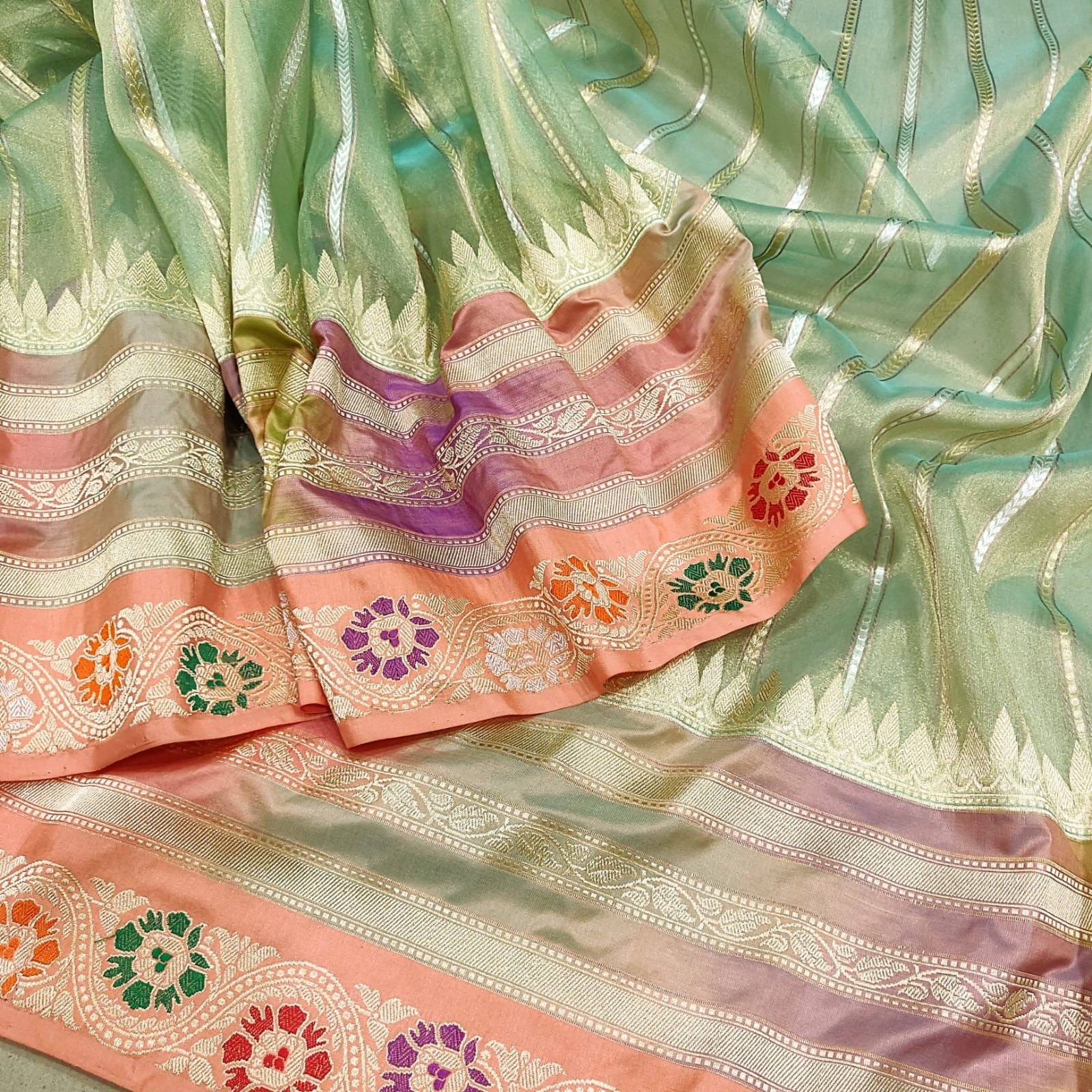 Green Tissue Handwoben kadwa saree Indian sari - Saffronfashionindia
