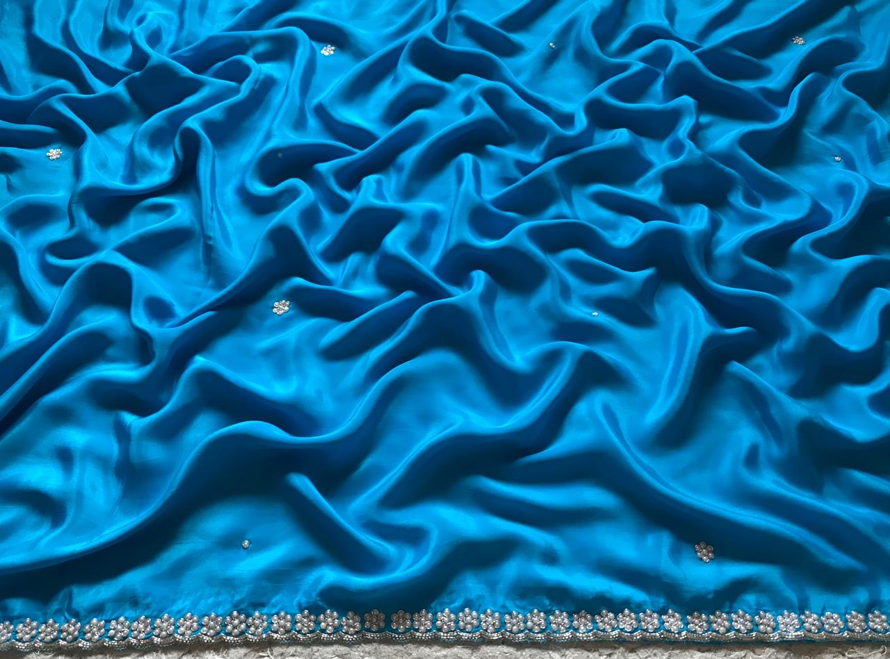 Firoza blue saree crepe silk saree pearl daana saree blouse - Saffronfashionindia