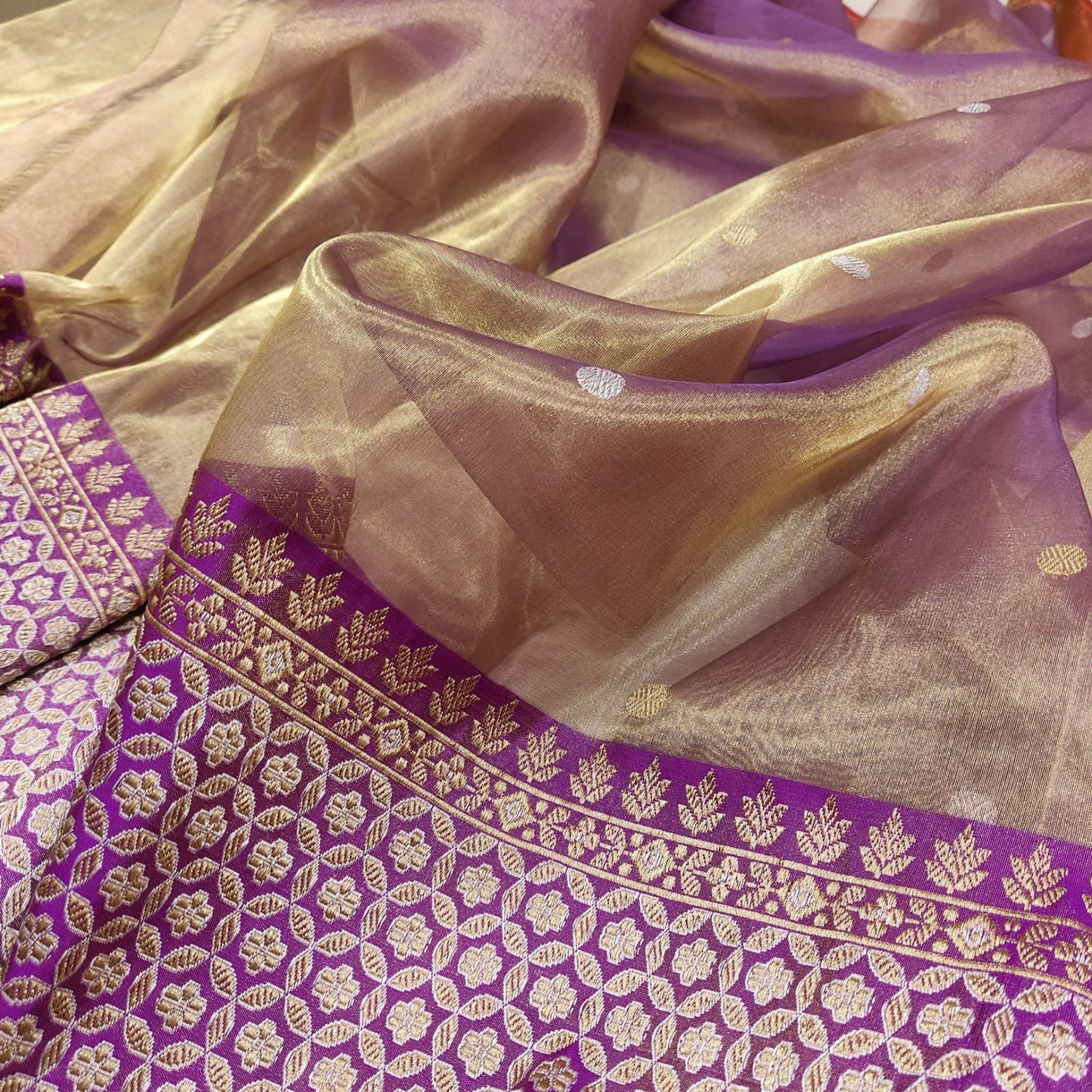 Lamaina tissue saree handwoven Zari booties sarees - Saffronfashionindia