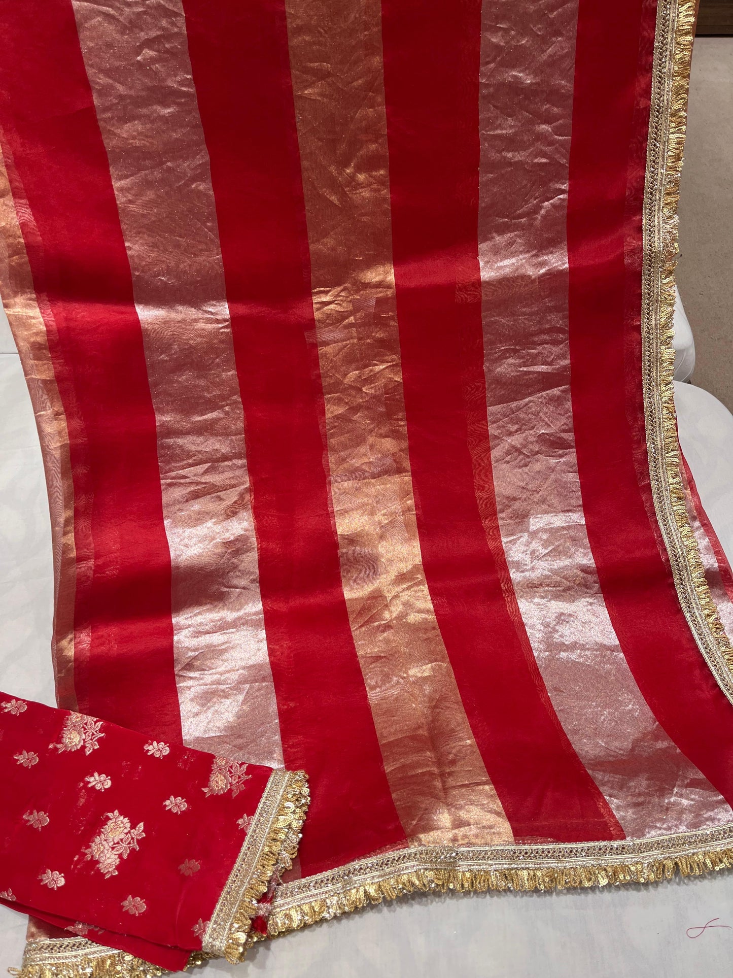 Striped Tissue Organza Saree Partywear Sari - Saffronfashionindia