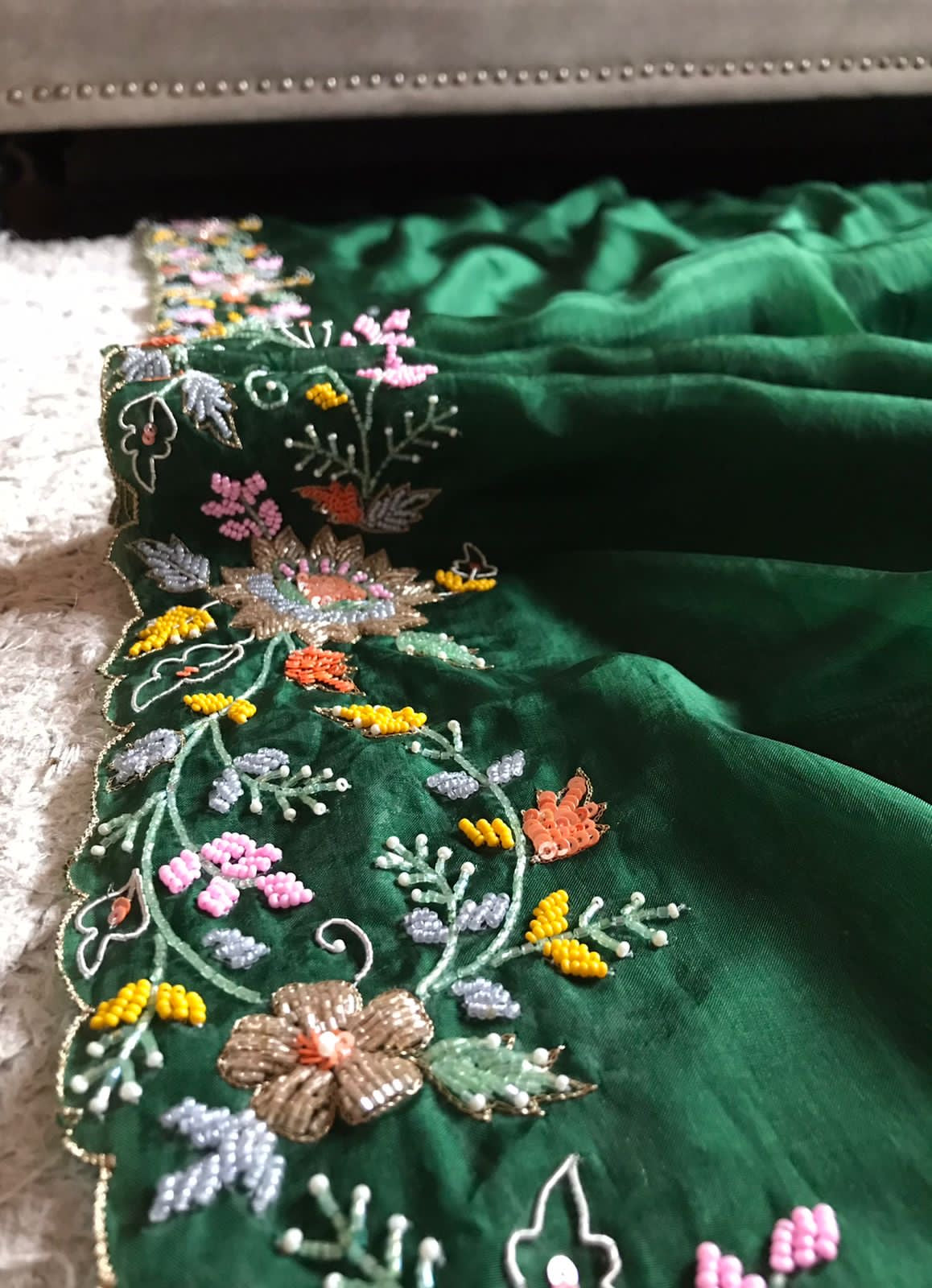 Embroidered Saree Green Premium Satin Organza Saree - Saffronfashionindia