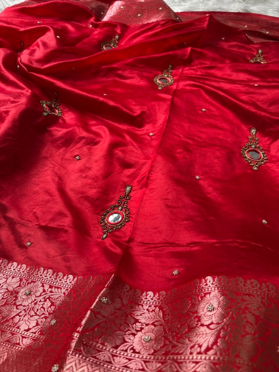 Red Banarsi saree mirror sari blouse women beautiful sarees SaffronFashion