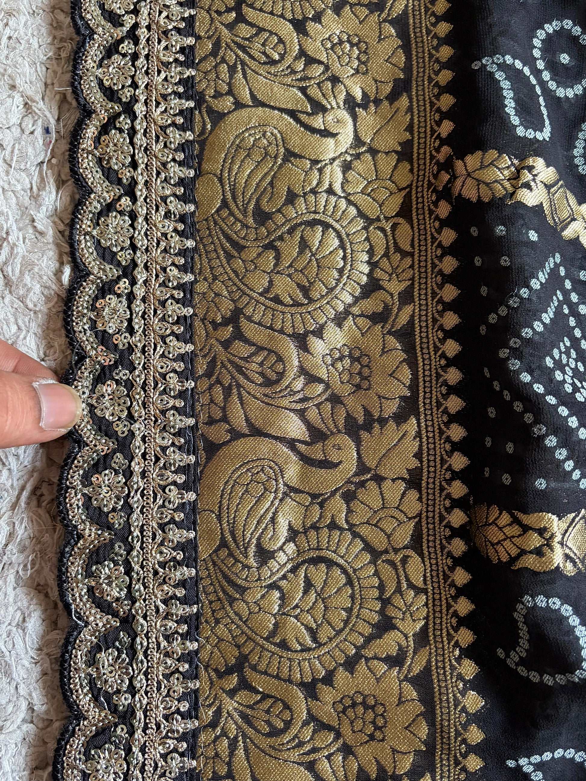 Black bandhani saree premium Banarsi saree gorgette sari blouse Saffronfashionindia