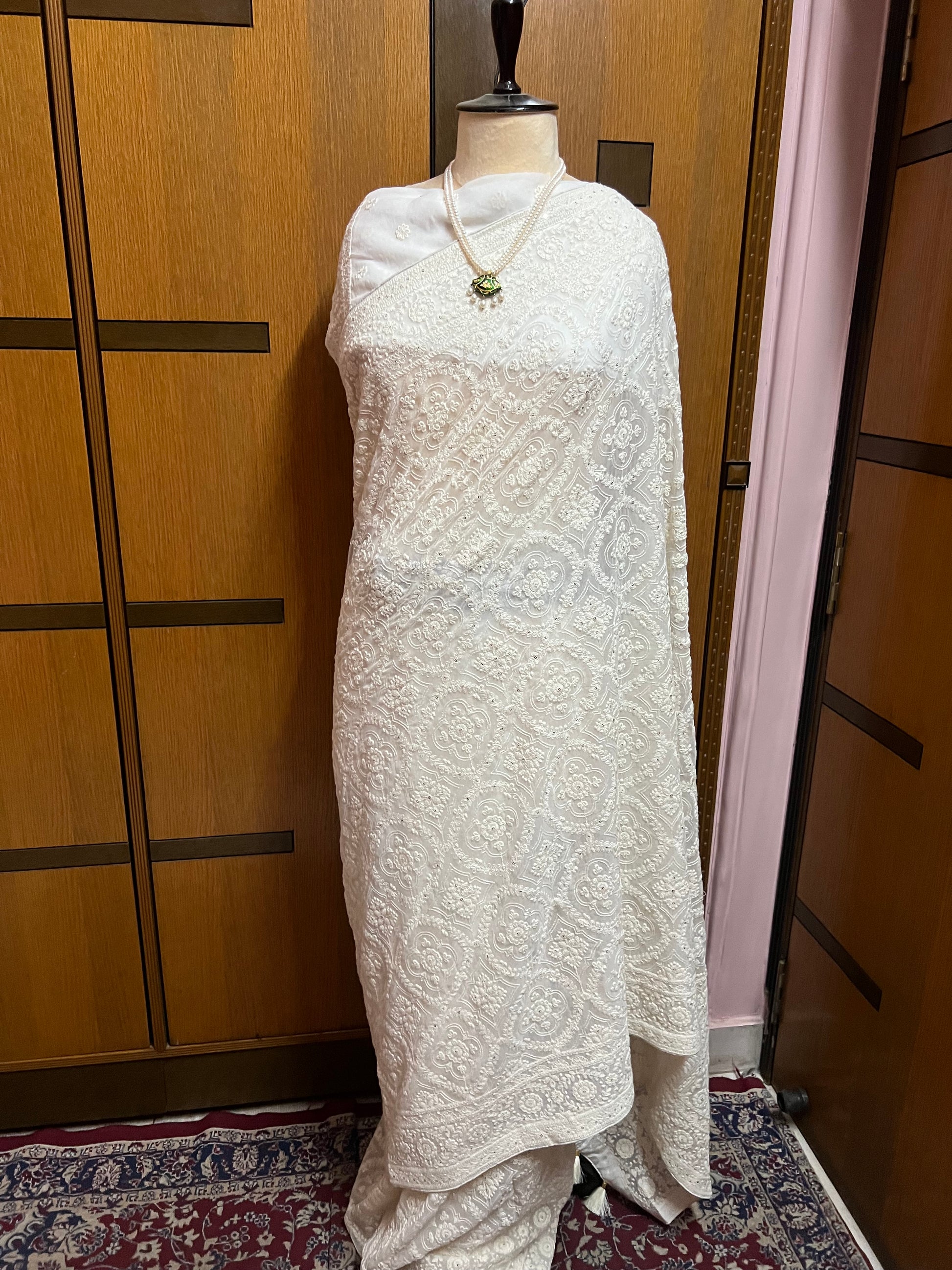 White Chikankari Saree Gorgette Sarees - Saffronfashionindia