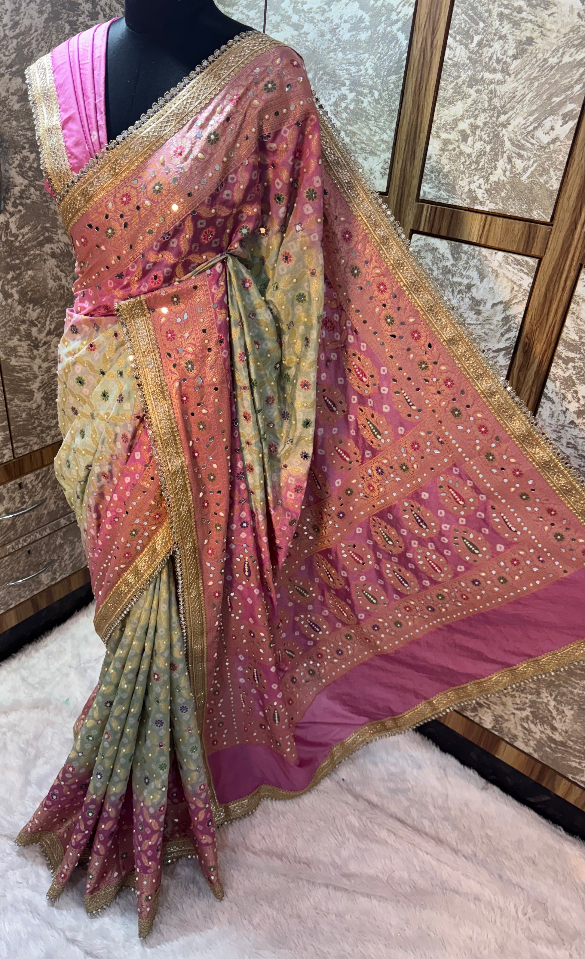 Banarsi soft Bandhej silk saree Indian saree women sari blouse SaffronFashion