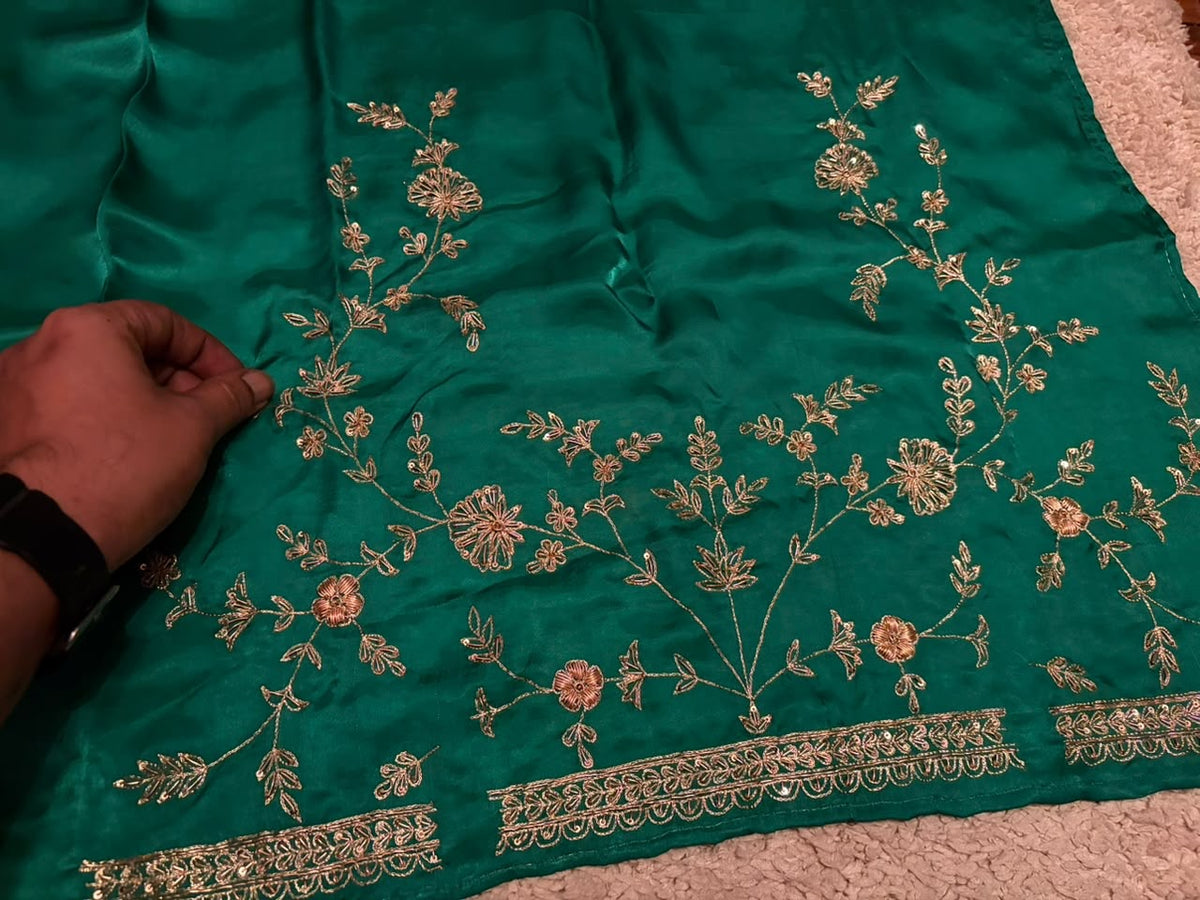 Green premium crepe satin silk saree designer inspired sarees blouse Saffronfashionindia