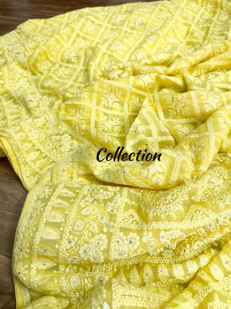Chikankari beautiful Gorgette sarees women sari - Saffronfashionindia