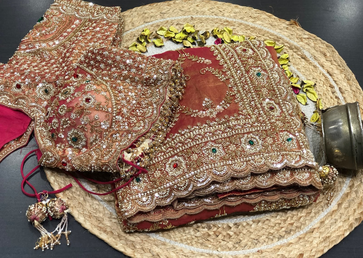 Bridal Silk Saree in Rust Copper | Heavy Embroidered Wedding Saree | Indian Wedding Saree | Designer Banarasi Style Saree | Festive Saree SaffronFashion