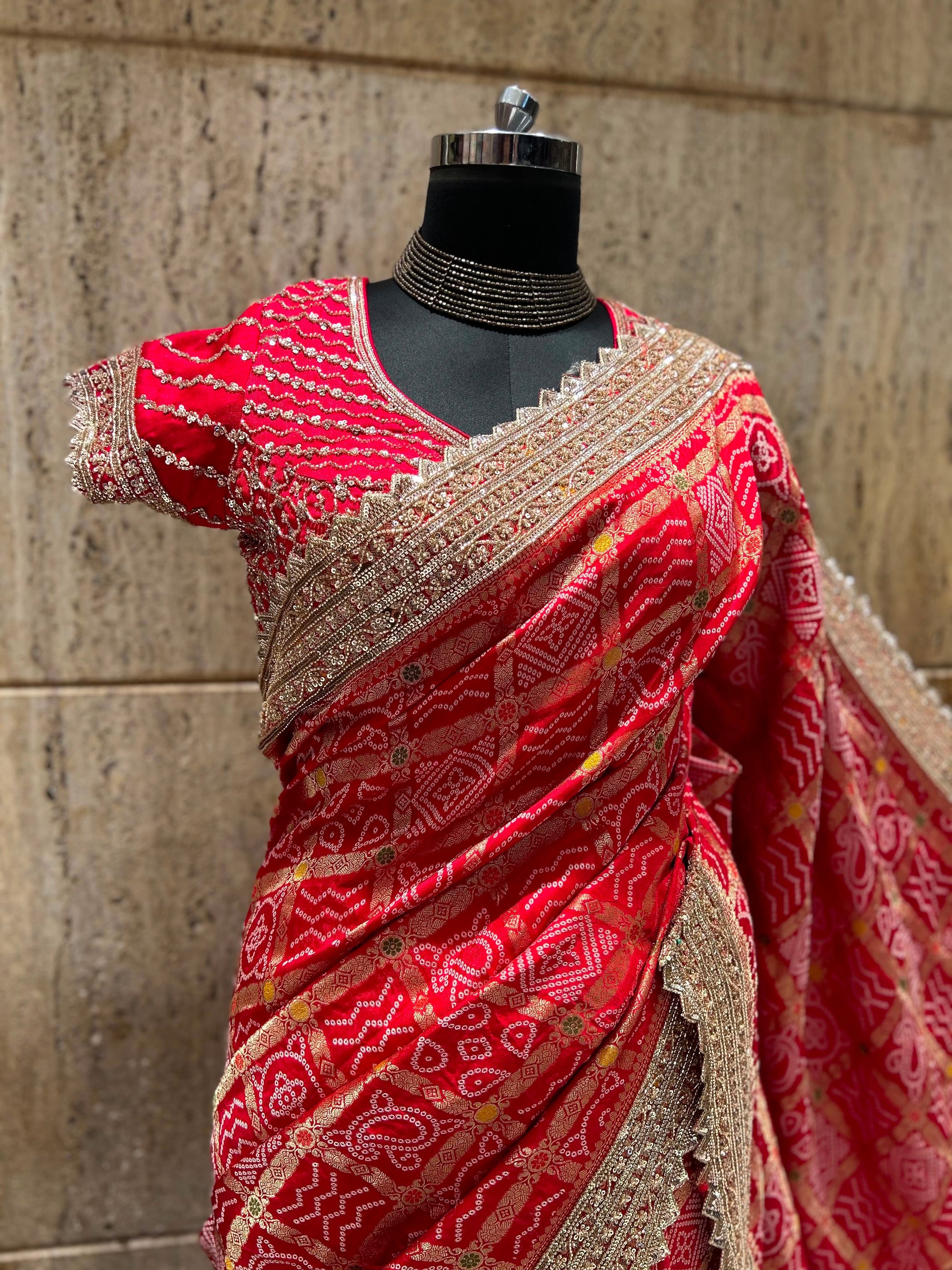 Red Bandhej saree Indian  sari blouse traditional sarees SaffronFashion