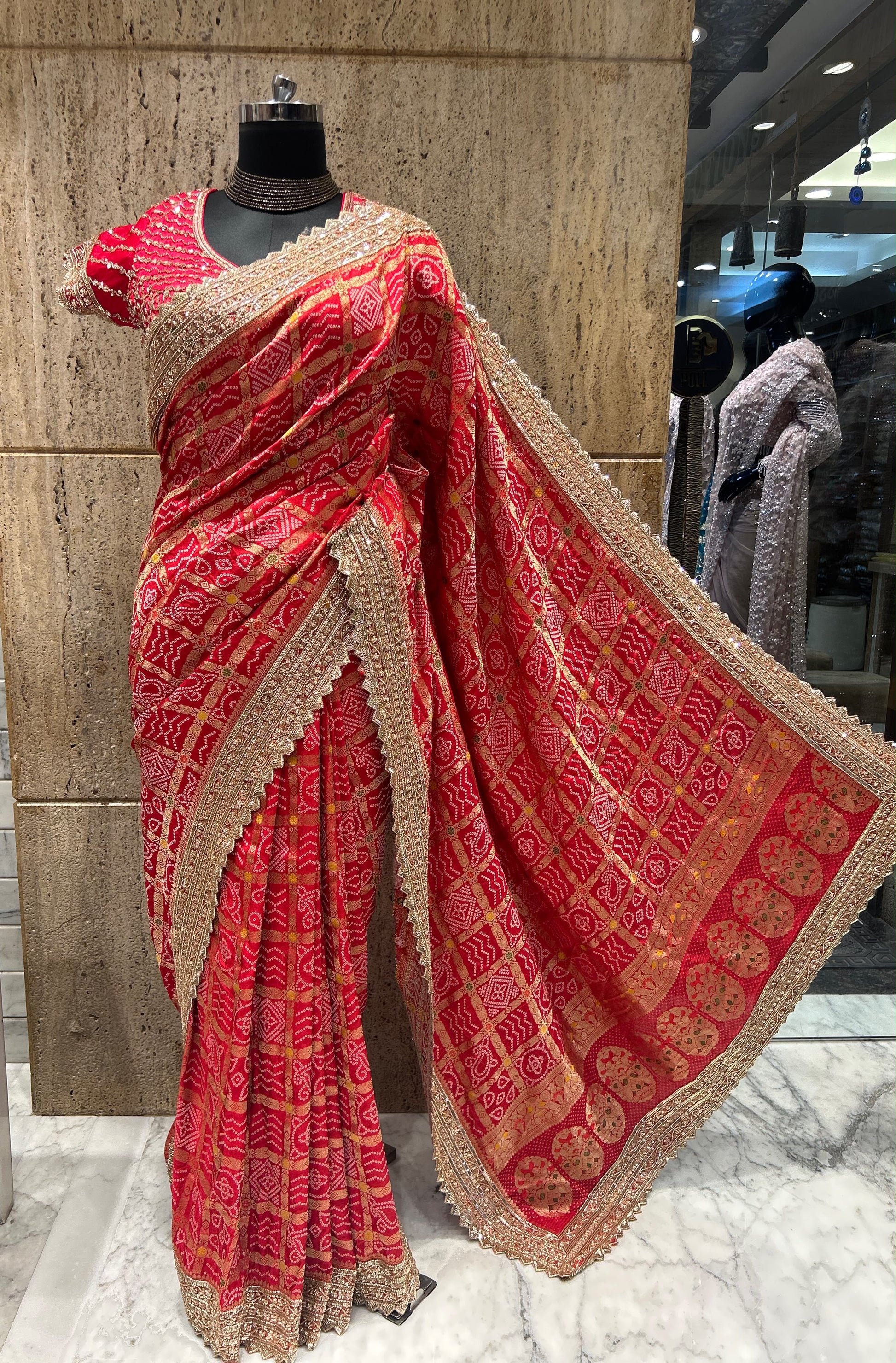 Red Bandhej saree Indian  sari blouse traditional sarees SaffronFashion
