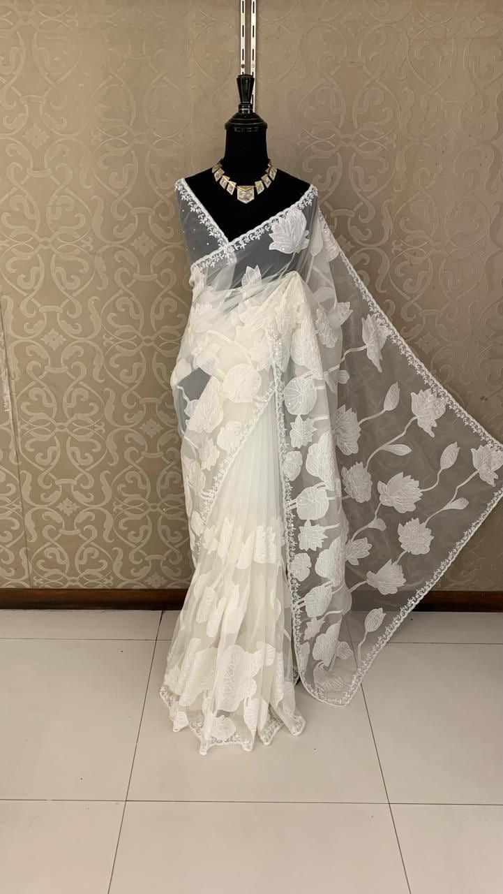 Arlie organza saree applique work saree Partywear sarees - Saffronfashionindia
