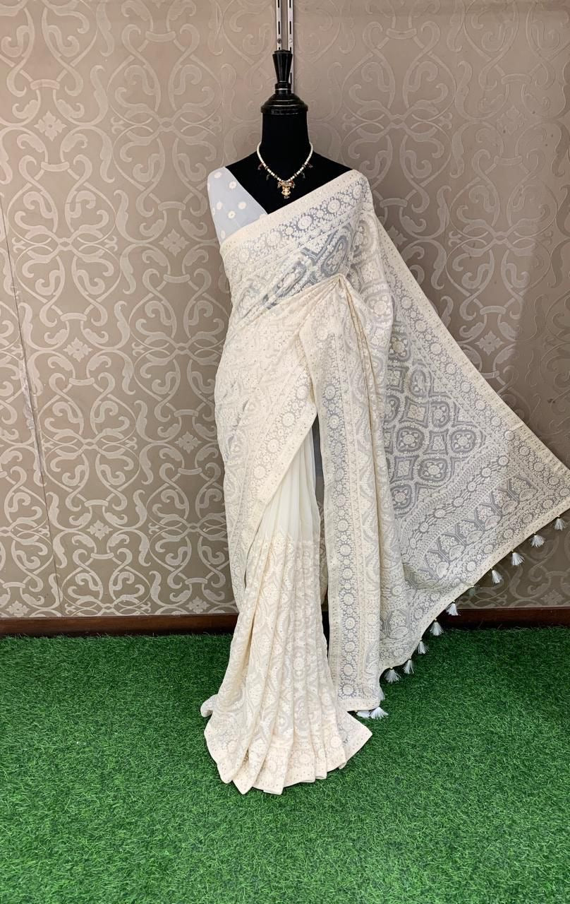 Ivshika Chikankari Saree Georgette saree Indian Pakistani sari blouse SaffronFashion