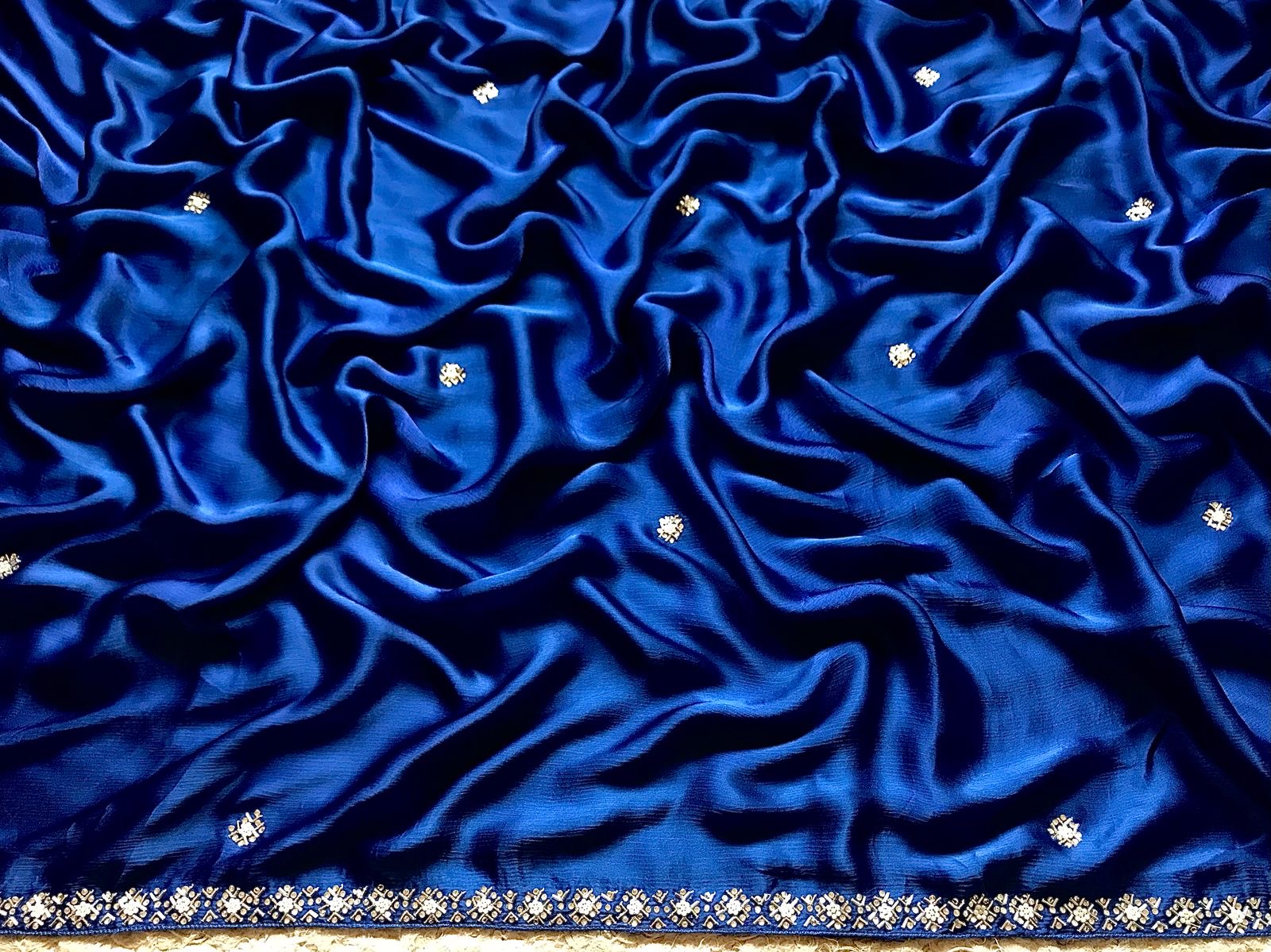 Royal blue premium saree luxury sarees Chinon satin saree blouse - Saffronfashionindia