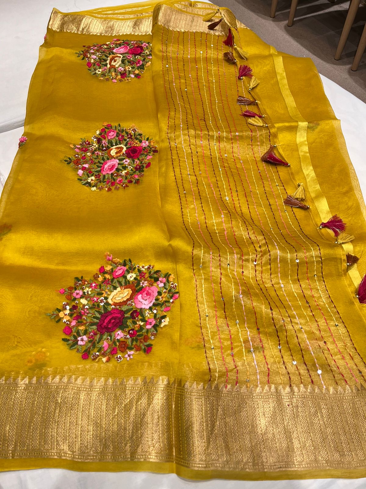 Organza French knot saree Zari border saree Partywear sari SaffronFashion