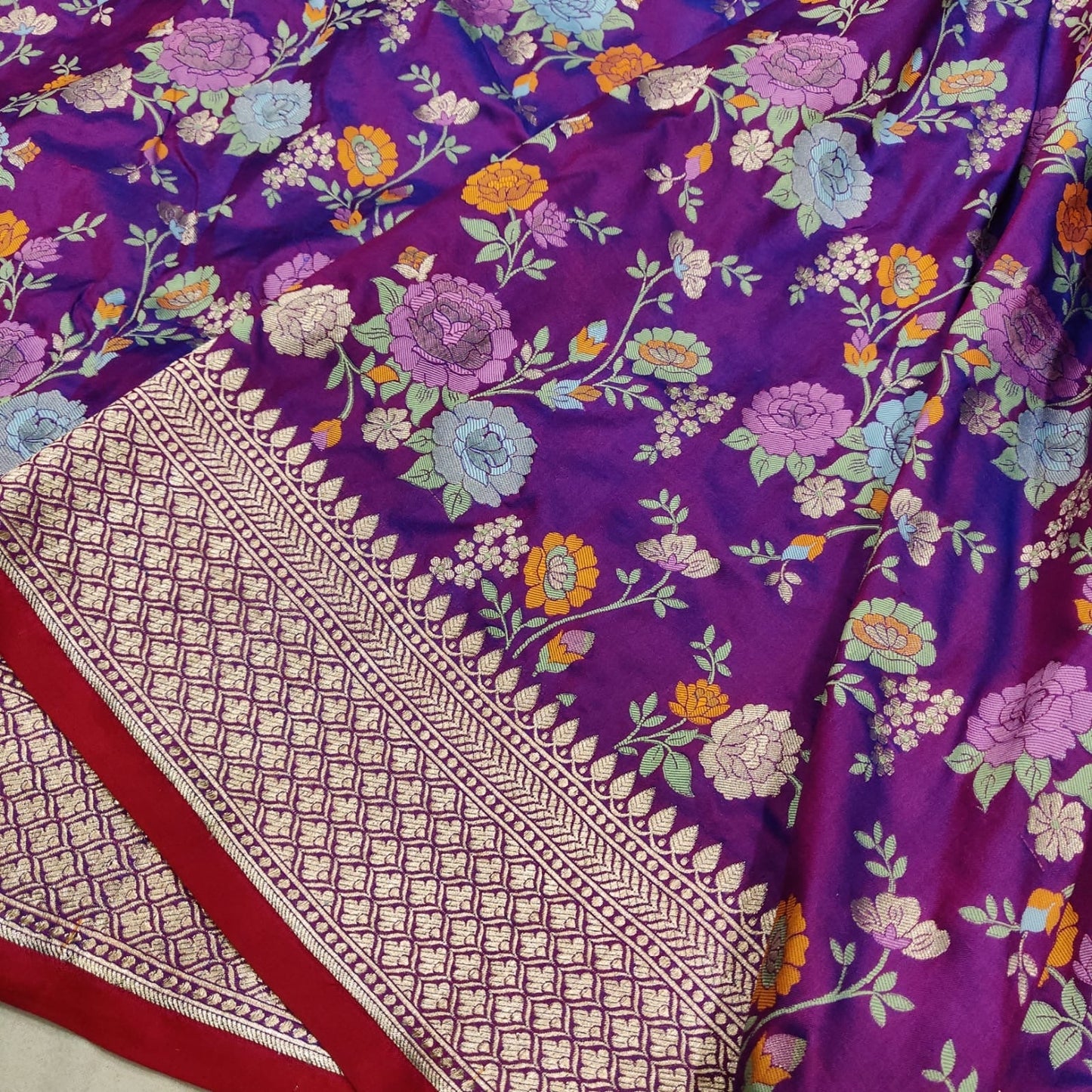 Purple floral katan silk saree handwoven sarees handloom sari SaffronFashion