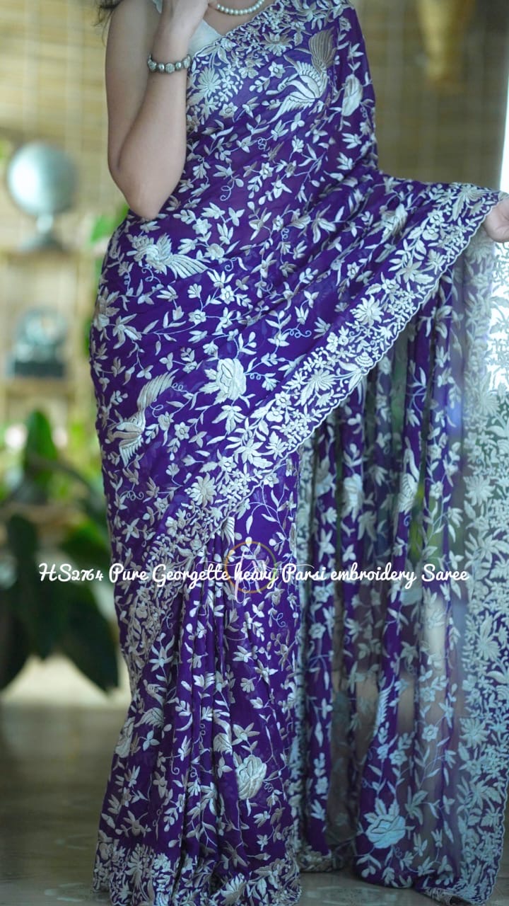 Purple Royal Rich Wmbroidered Parsi Saree - Saffronfashionindia