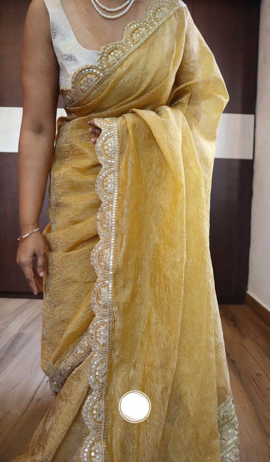 Yellow crushed tissue saree tissue silk saree Partywear saree blouse SaffronFashion