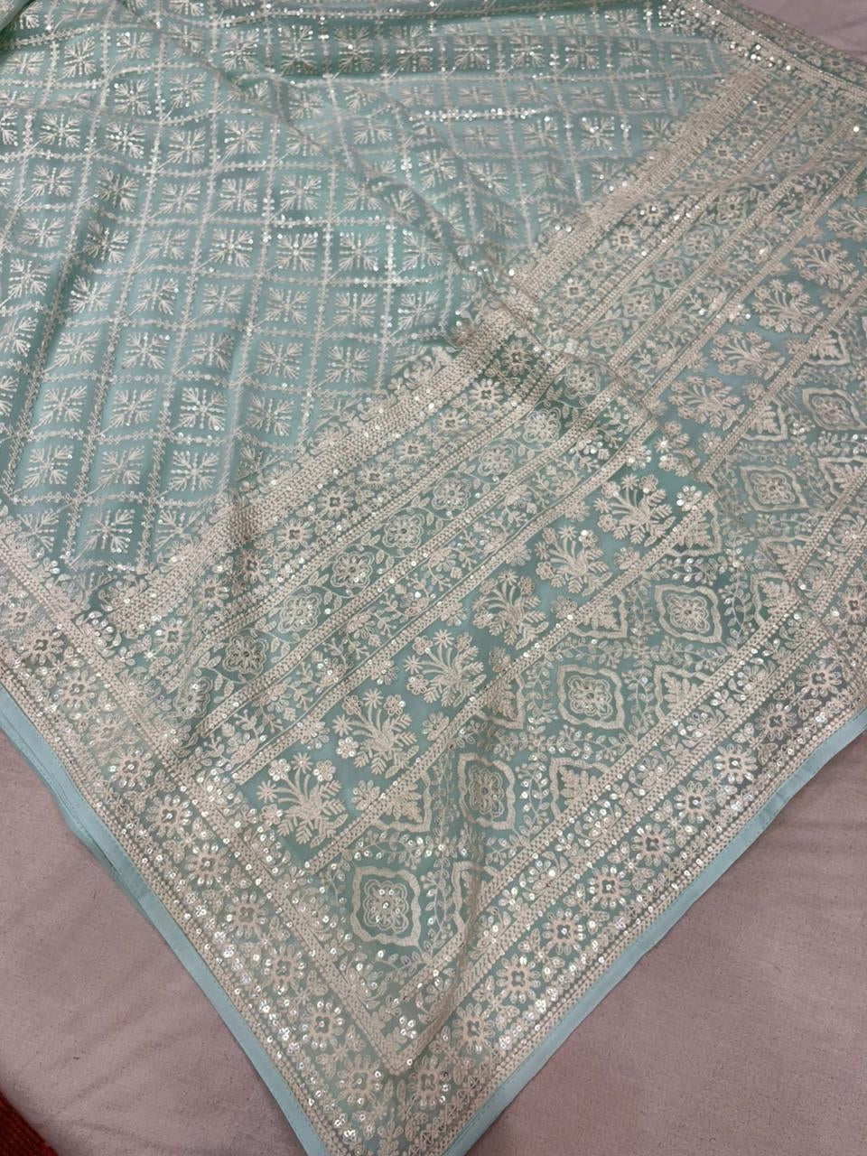 Sequins chikankari saree Indian Gorgette saree - Saffronfashionindia