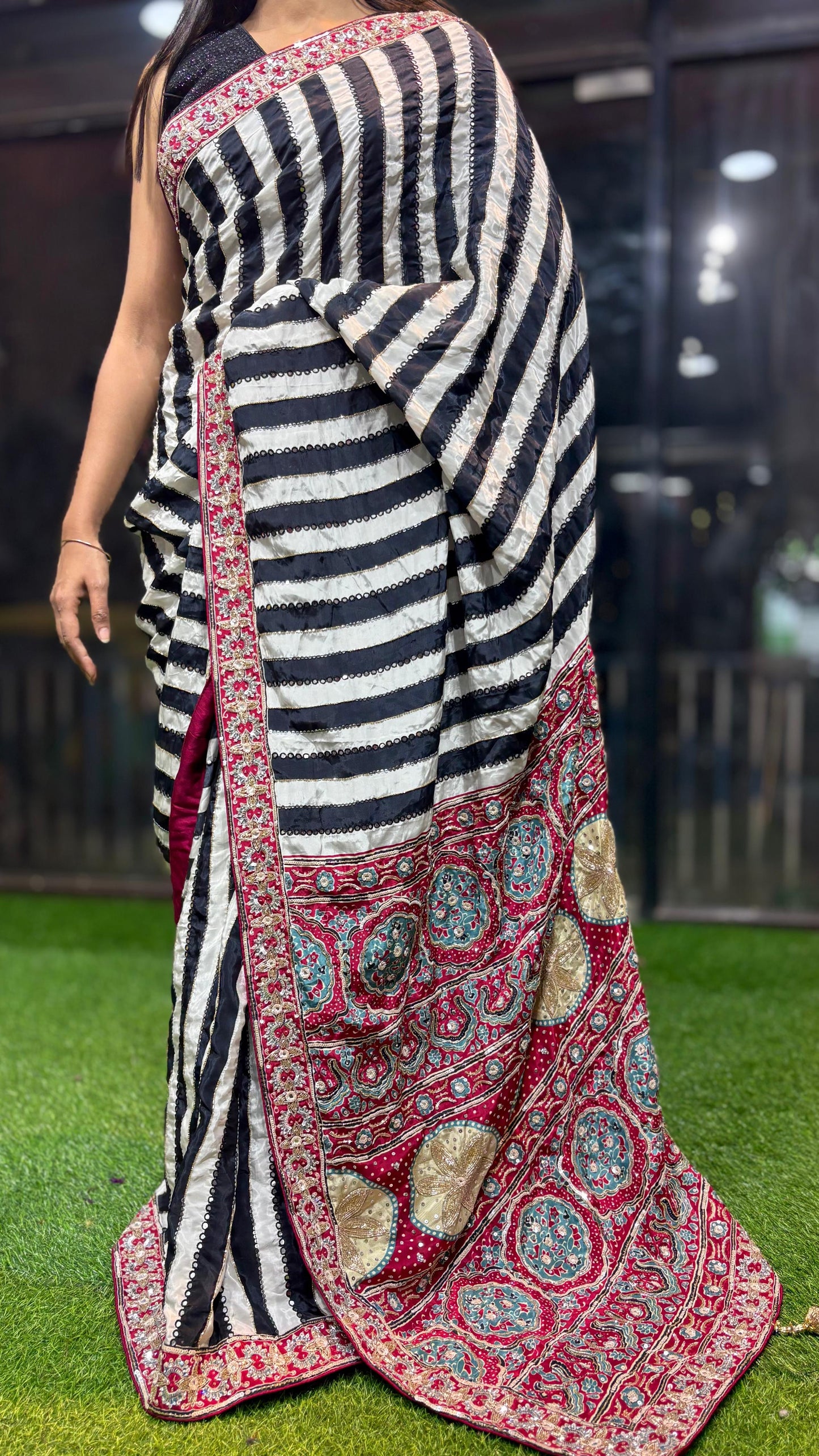 Ajrakh saree hand embroidered saree women sari blouse SaffronFashion