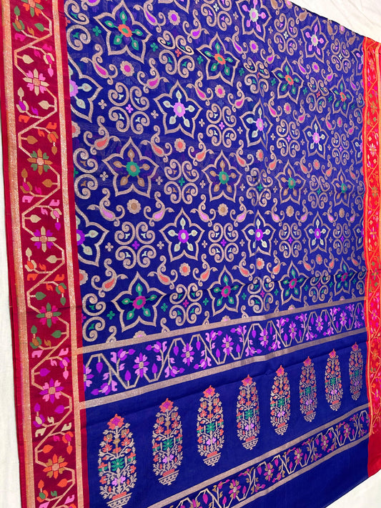 Blue kora jamdani saree Zari traditional saree Indian sari blouse SaffronFashion