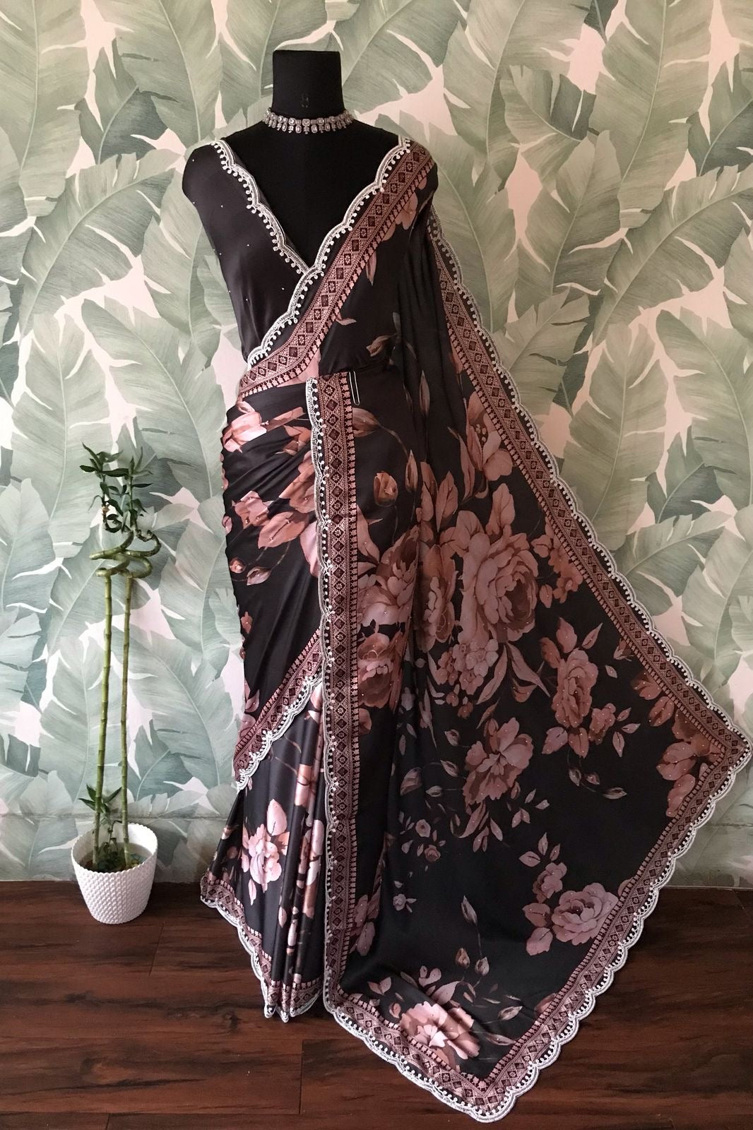 Dreamy floral saree shamuz satin saree partywear sari blouse SaffronFashion