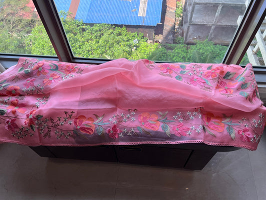 Pink sari floral saree embroidery sarees blouse - Saffronfashionindia