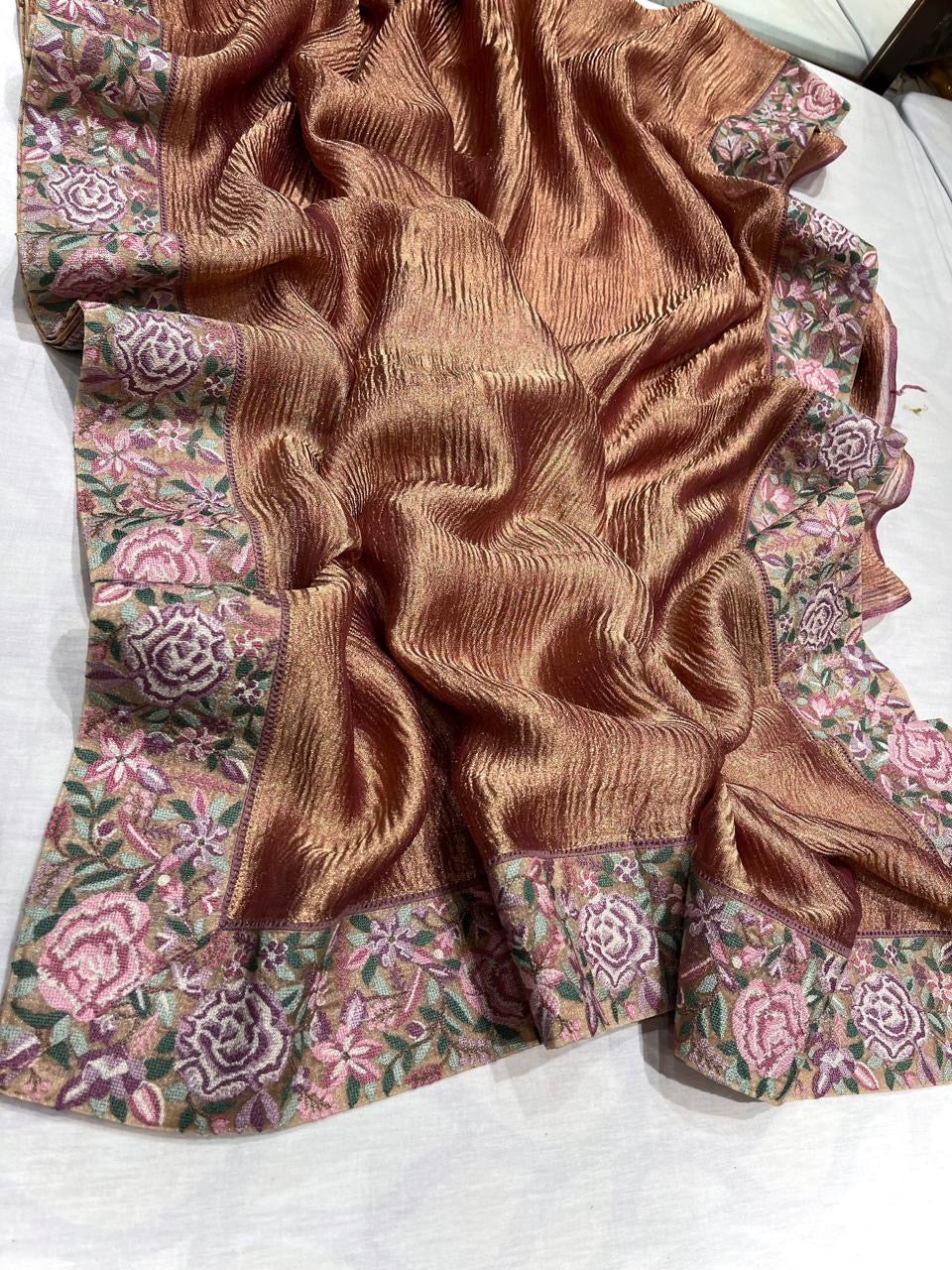 Crushed Parsi inspired saree Partywear sarees - Saffronfashionindia