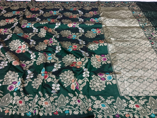 Meenakari green Katan silk saree - Saffronfashionindia