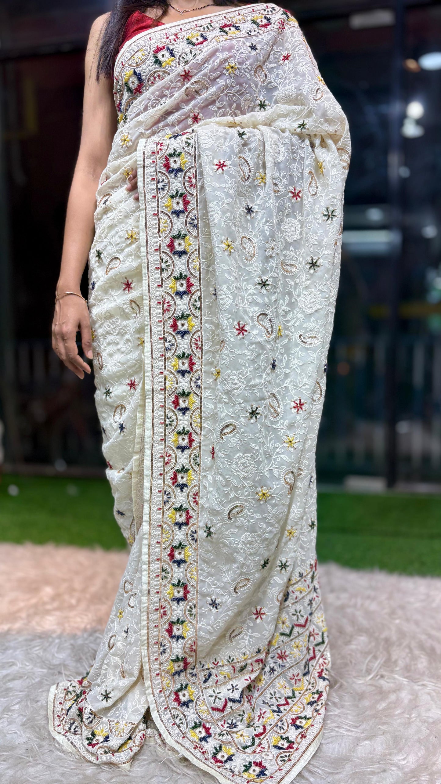 White Chikankari saree gorgette saree Indian saree blouse SaffronFashion