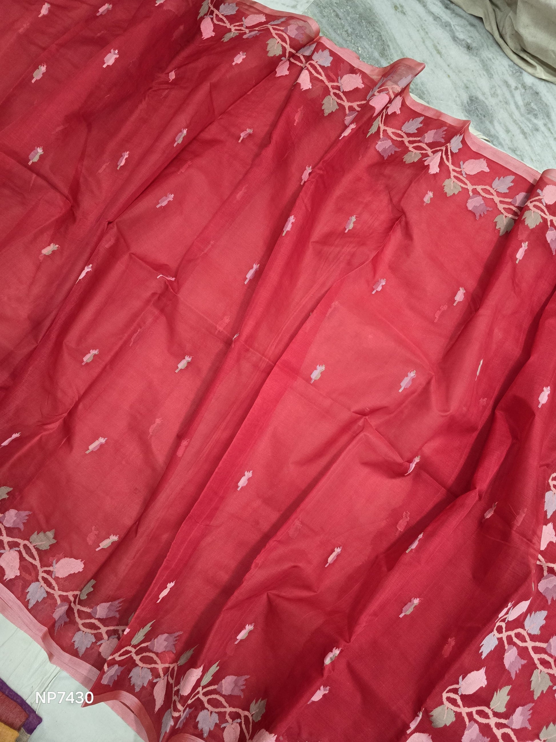 Red jamdani saree Tantuj handwoven sari blouse SaffronFashion