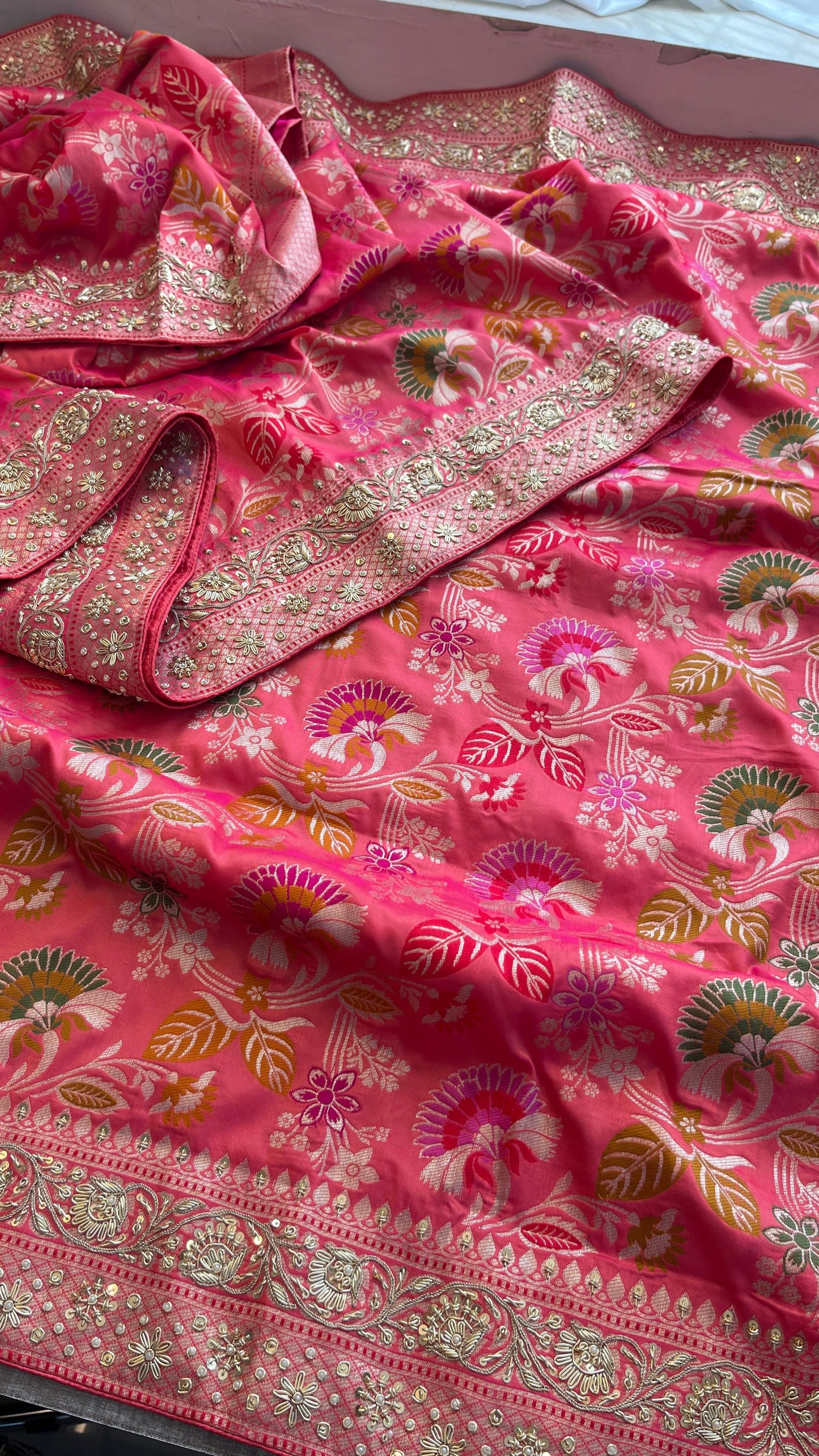 Pink Elegant munga saree Banarsi saree wedding sari blouse SaffronFashion