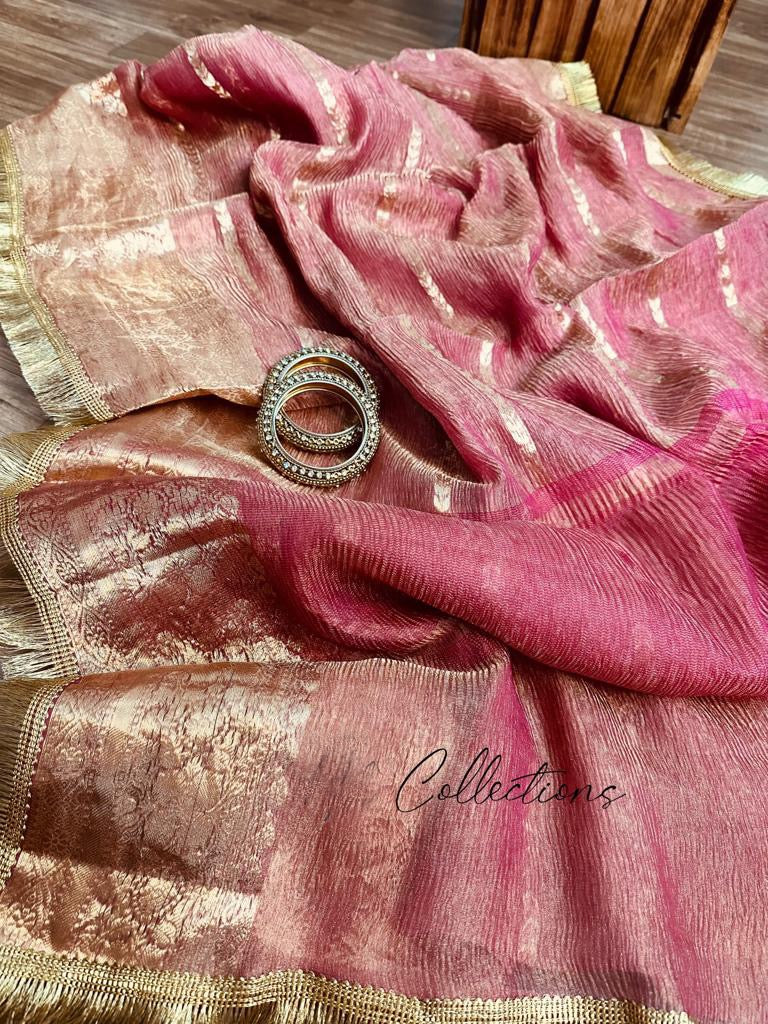 Pink Banarsi kora crushed tissue saree women sarees - Saffronfashionindia