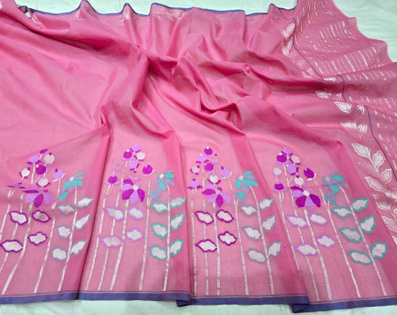 Pink iktara cotton saree jamdani saree floral sari blouse SaffronFashion