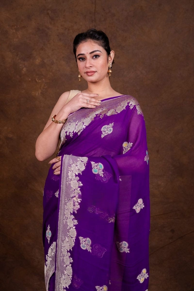 Floral georgette saree khaddi saree Indian sari blouse SaffronFashion