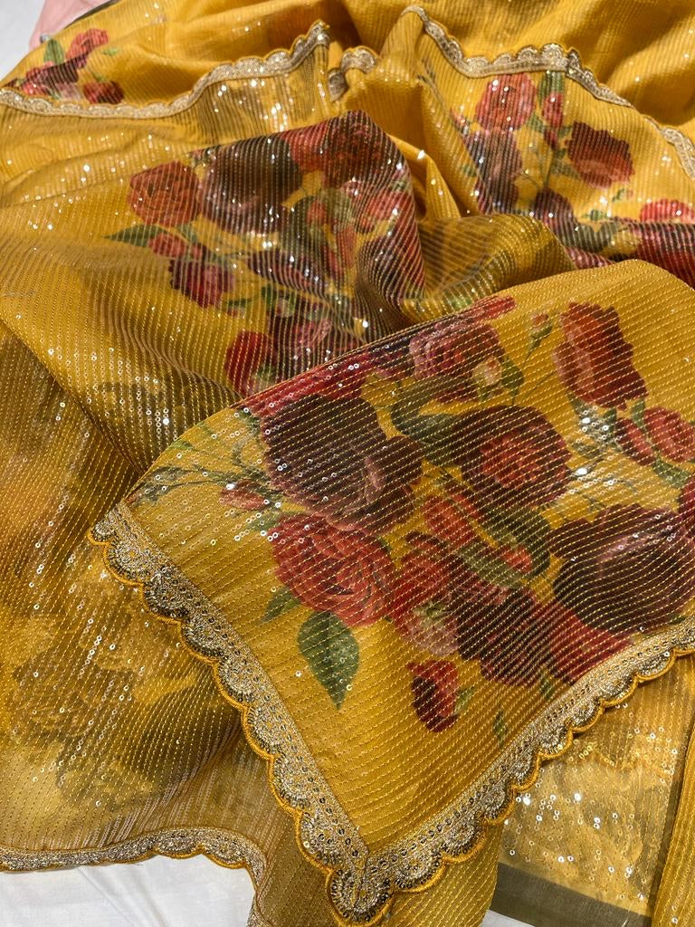 Digitally printed organza floral sarees - Saffronfashionindia