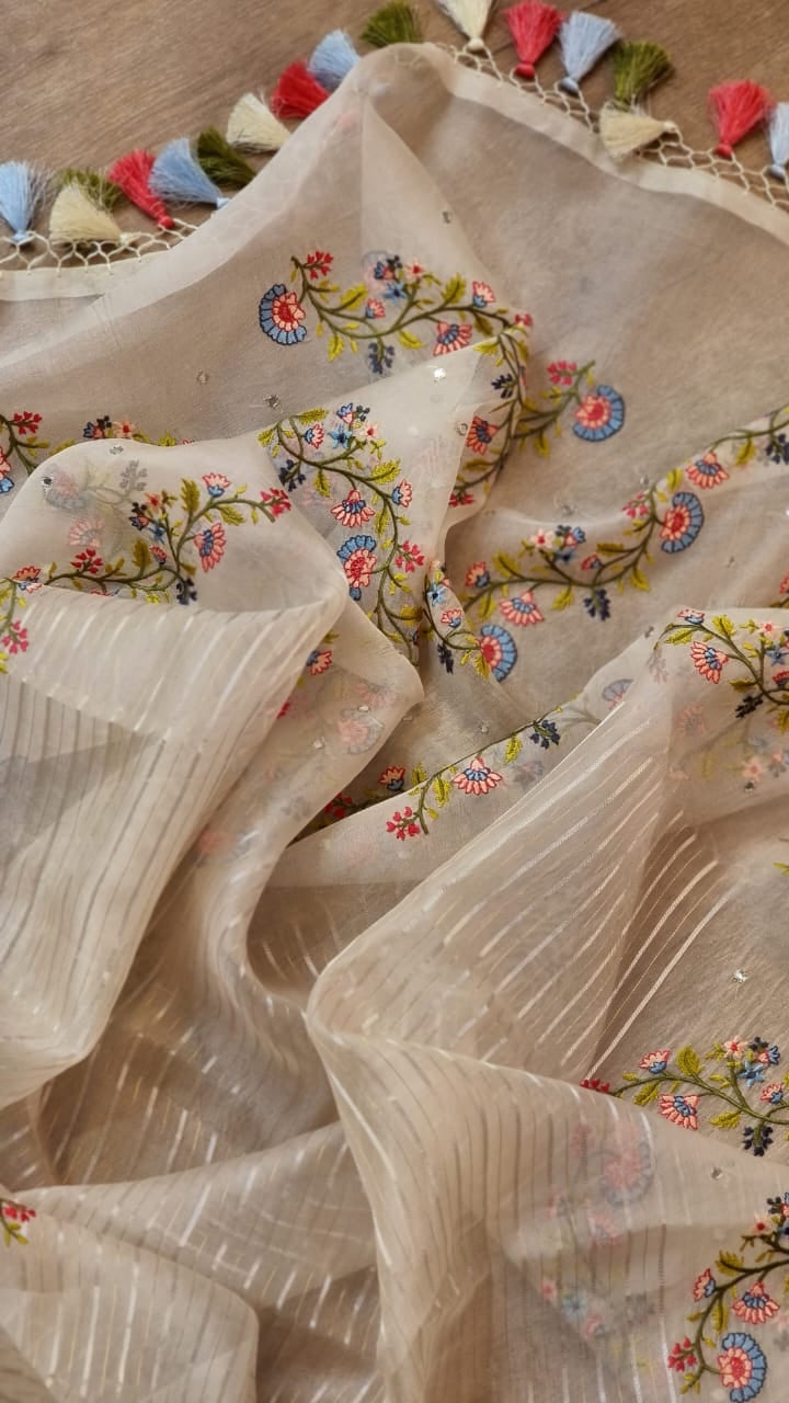Embroidery striped organza silk saree - Saffronfashionindia