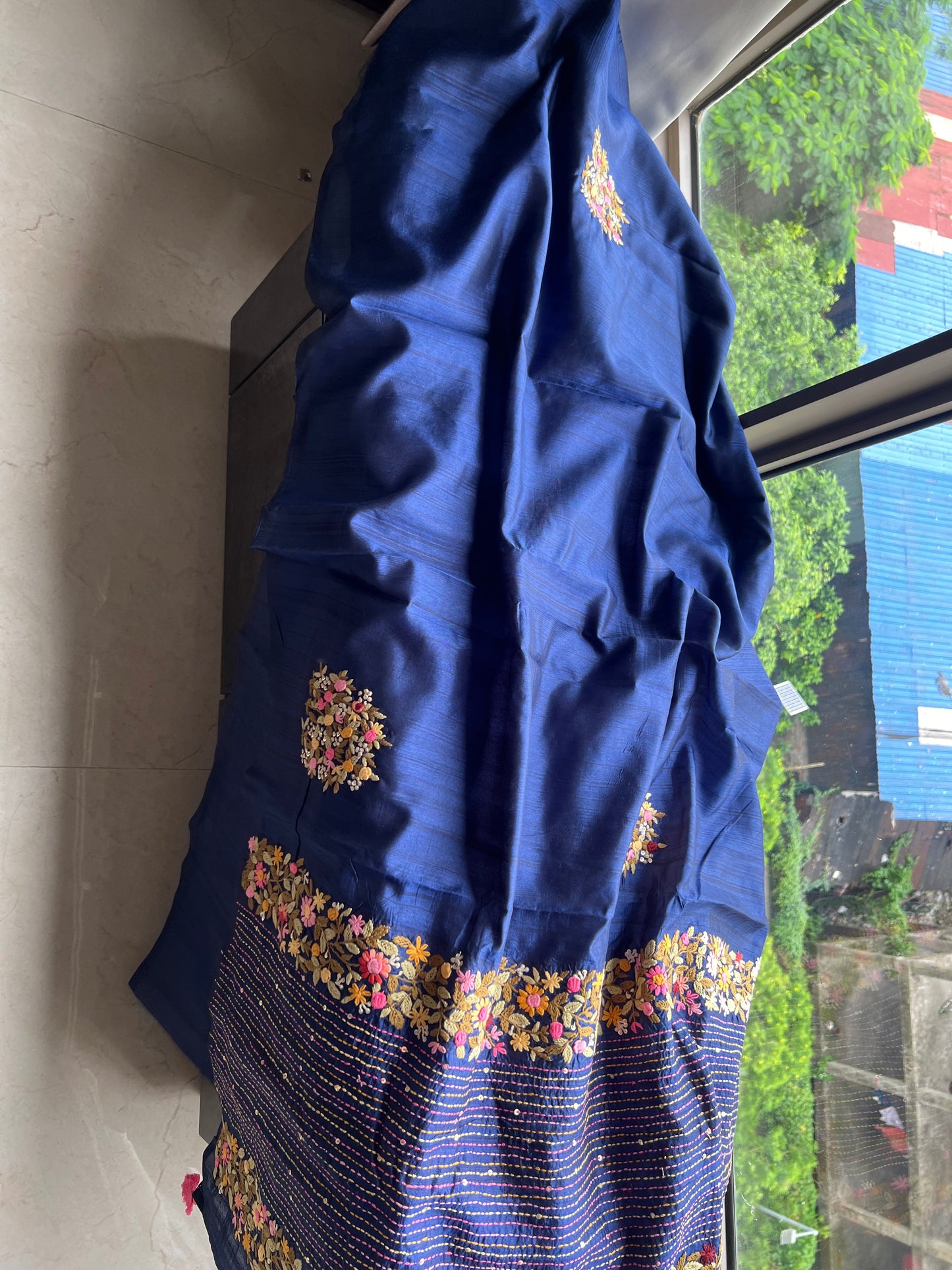 Munga French knot saree royal blue sarees - Saffronfashionindia