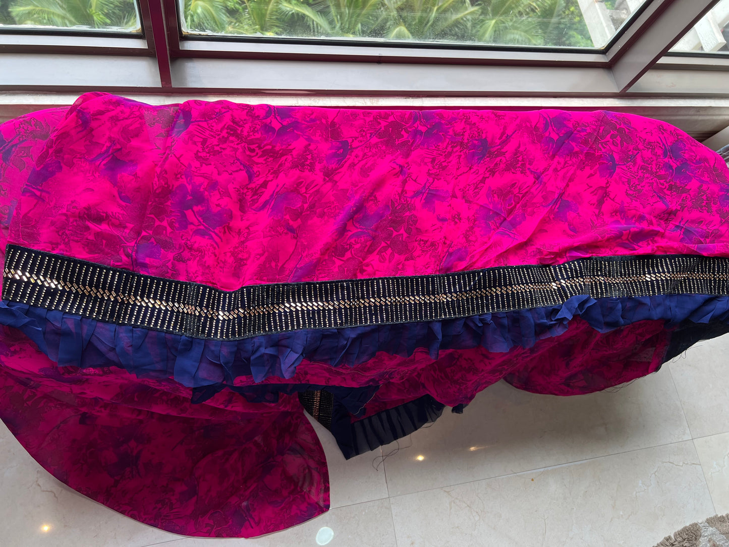 Pink ruffle chiffon saree Partywear sari blouse - Saffronfashionindia
