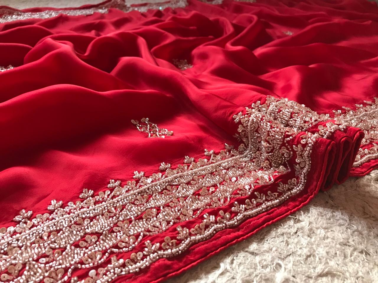 Red Bridal Posh Premium Satin saree - Saffronfashionindia