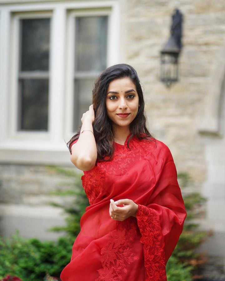 Ivisha Organza silk saree Indian wedding sarees blouse SaffronFashion