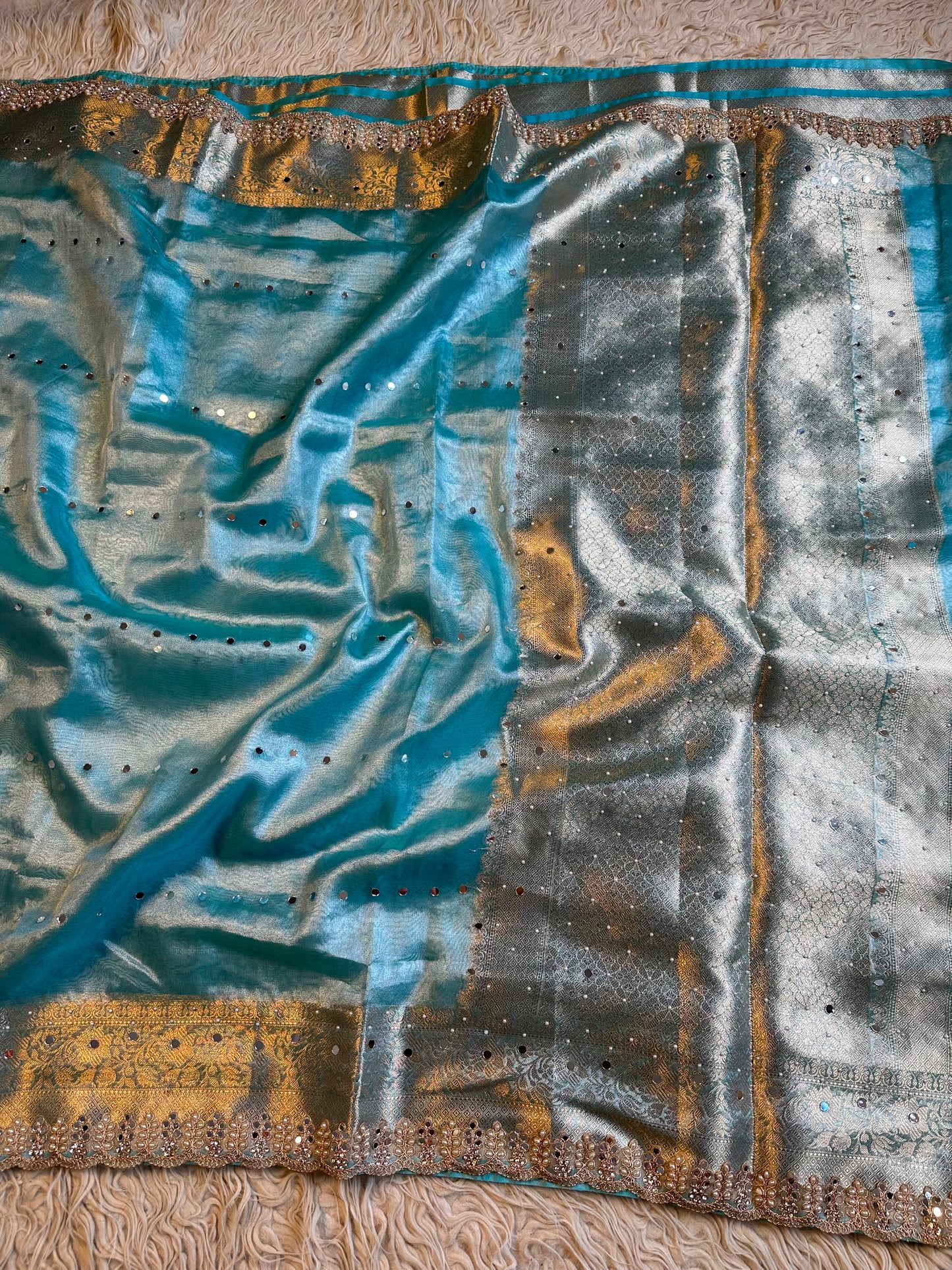 Firoza blue saree Banarsi tissue sarees Indian sari blouse SaffronFashion