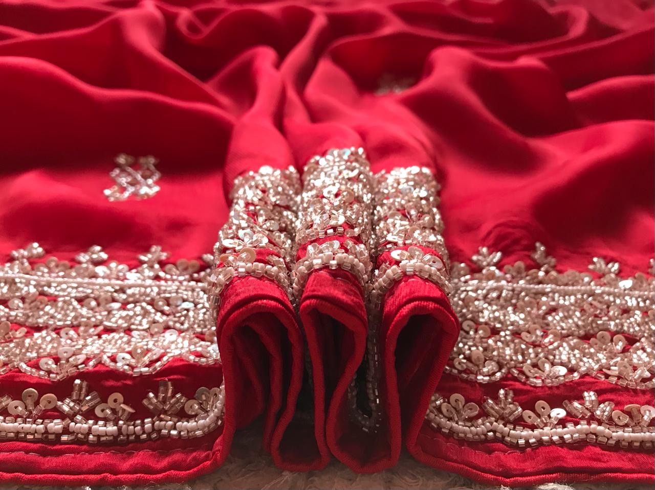 Red Bridal Posh Premium Satin saree - Saffronfashionindia