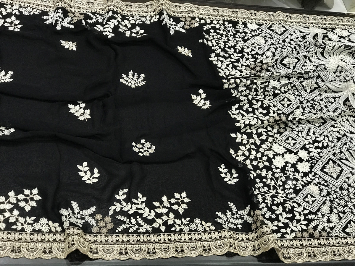 Black designer gorgette saree Lucknowi Parsi saree partywear sari blouse Saffronfashionindia