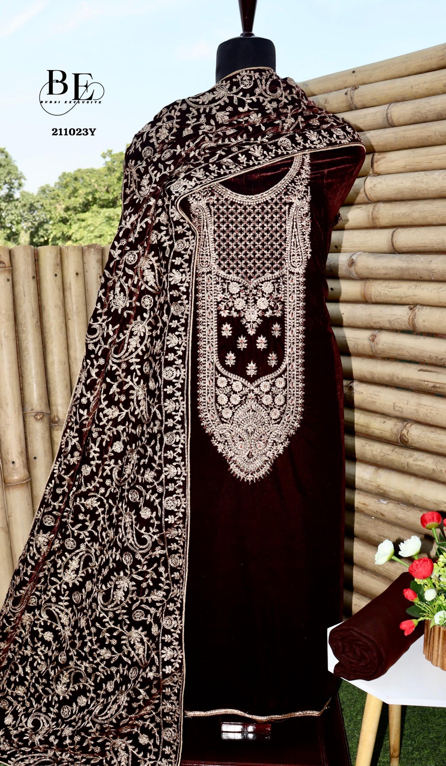 Embroidered Velvet Salwar Kameez - Saffronfashionindia