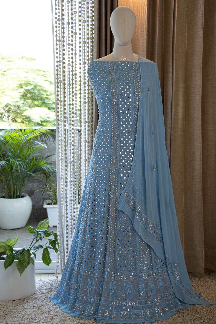 Cruise blue Chikankari Lucknowi Dress - Saffronfashionindia