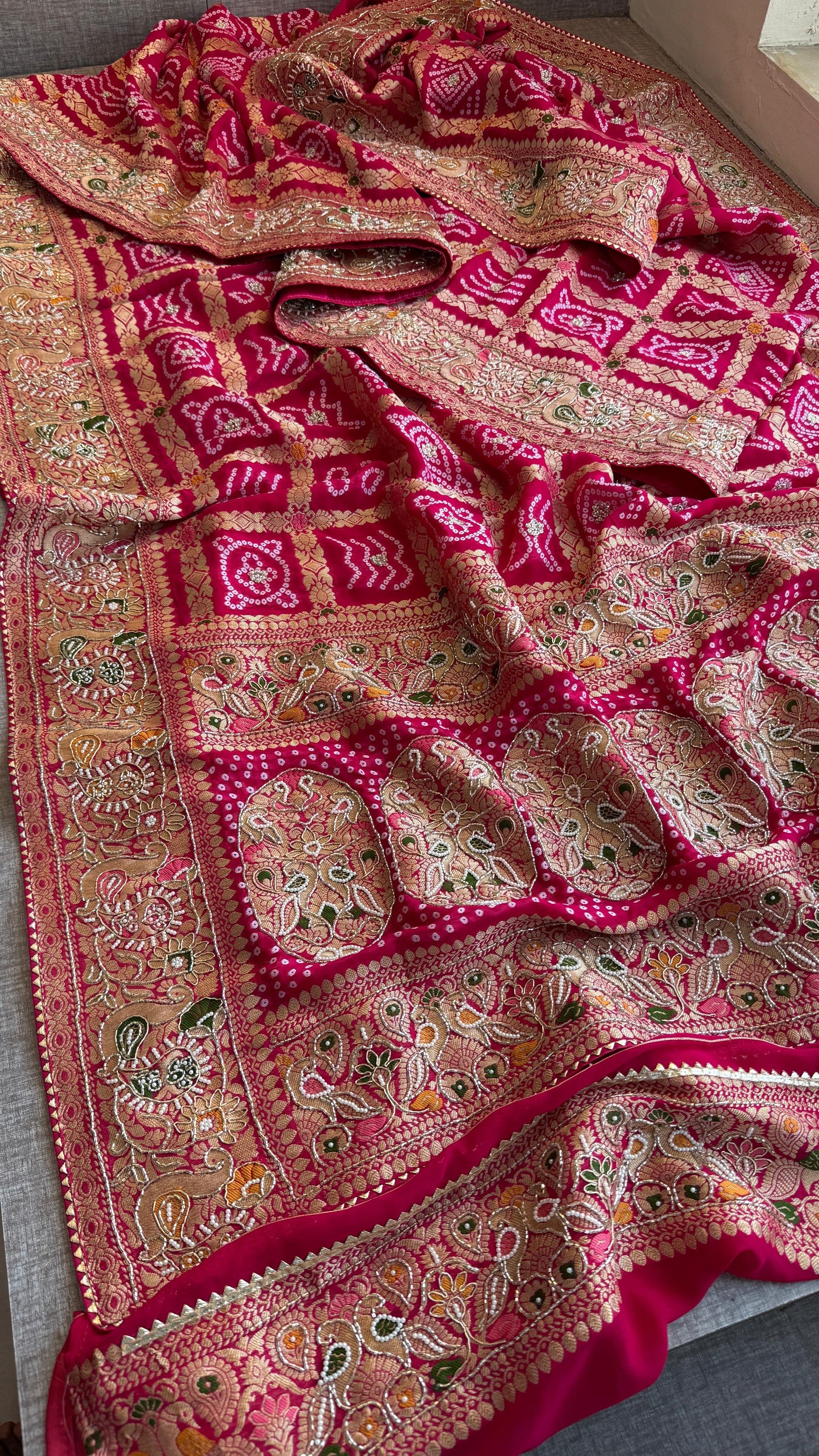 Zardosi Khaddi gorgette saree Indian wedding sarees SaffronFashion